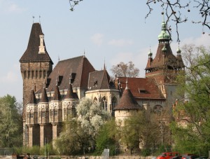 The eclectic style of the Vajdahunyad castle in Budapest's city park. 